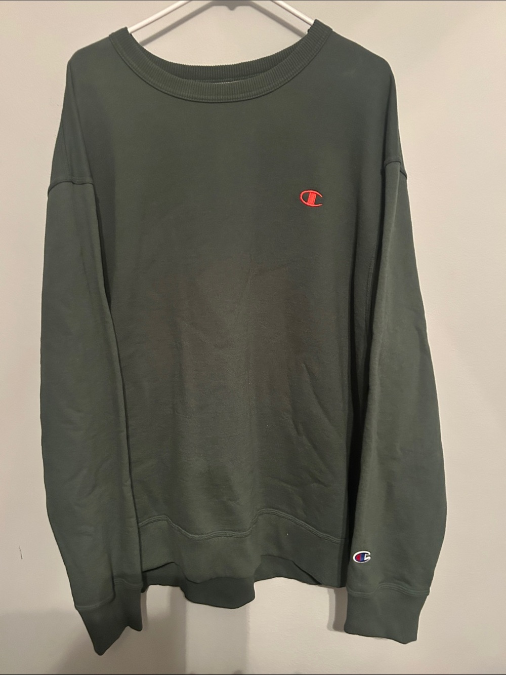 Champion Olive Crewneck Sweatshirt with Red Logo